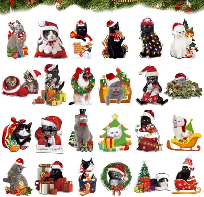 Dailygoods- Kerstboomdecoraties 24 Stuks - Houten Kat Ornamenten - Schattige Kerstversiering - Hangende Hangers - Feestelijke Sfeer - Perfect voor Cadeaus