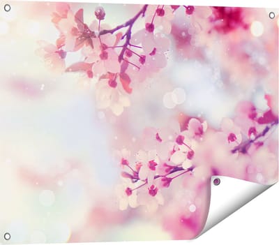 Gards Tuinposter Roze Bloesemboom met Zonneschijn - 80x60 cm - Tuindoek - Tuindecoratie - Wanddecoratie buiten - Tuinschilderij