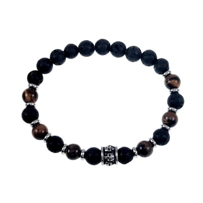 Elastische armband Heren - RVS Skull - Bruin-Zwarte Natuursteen Armband - Kralen Armband