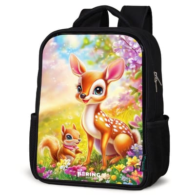 NoBoringSuitcases.com® - Rugzak zwart - Schooltas jongen & meisje - Hertje en eekhoorn in kleurrijk bloemenveld - Rugtas voor school - Boekentas kind - Schoolrugzak - Kinderrugzak