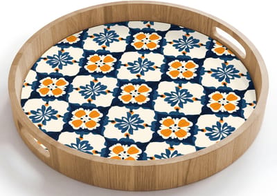 Dienblad rond 40x40 cm - Schootdienblad hout - Klassiek - Geometrisch - Blauw - Borrelplank rechthoek - Plateau houten dienbladen