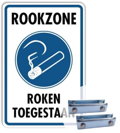 Bord Rookzone - Roken toegestaan - Weerbestendig Aluminium - 40x60 cm - Bevestiging: Met hekbeugels (voor spijlen- of gaashek)