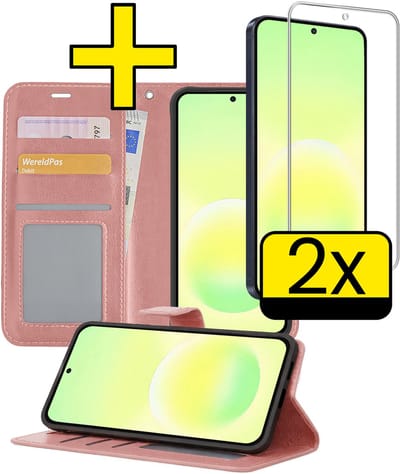 Hoesje - Met 2x Screenprotector - Geschikt voor Samsung Galaxy A57 - Luxe Pasjeshouder - Bookcase Portemonee - Flip Case - Kunstleer Book Case - Flipcase Hoes - Book Cover - Walletcase - Portemonneehoes - Telefoonhoesjes - Rosé goud