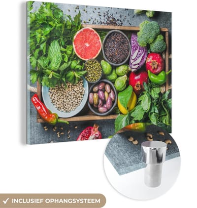 MuchoWow® Glasschilderij 120x90 cm - Schilderij acrylglas - Kist - Fruit - Gezond - Foto op glas - Schilderijen
