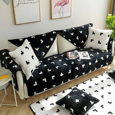 Verdikt Zwart en Wit Bankkussen Winter Pluche Antislip Eenvoudig Modern Ruitjes Rechte Rij Bankhoes Hoes Doek Kussen 70x70cm