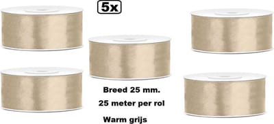 Themaparty Satin Ribbon lint - Warm grijs rol van 25mm x 25 meter