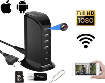 Trend Goods - Verborgen Spy Camera Oplaadstation - 3 USB en 2 USB-C Ingangen - Oplaadstations - Wifi camera binnen met App - Incl. 64GB Micro SD Kaart - Spionage Camera - Beveiligingscamera binnen - Nachtzicht - Bewegingssensor