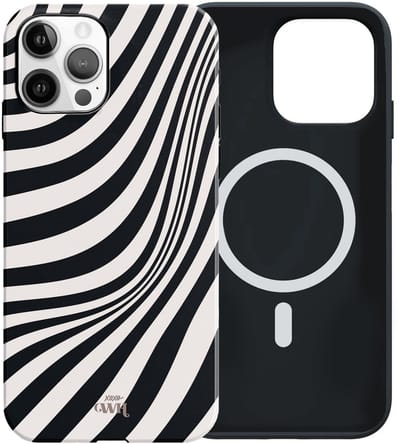 xoxo Wildhearts siliconen hoesje geschikt voor iPhone 12 Pro Max MagSafe hoesje - Optical Illusion - Double Layer - Magnetische telefoonhoes - Magneet case - Backcover met dubbele bescherming - Golvenprint - Golvend patroon - golven - Zwart / Beige