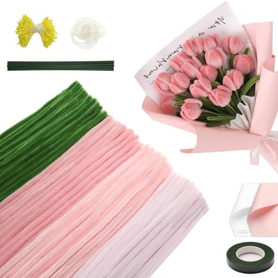 Set van 400 Pijp Reinigers in Roze Tulpen Boeket voor Creatieve Knutselprojecten met Bloemenstempels, Lijm en Versieringen