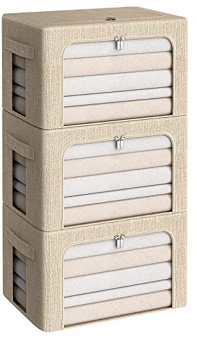 Opvouwbare Opbergbakken - Stapelbare Kleding Organizers met Duidelijk Venster en Handgrepen - Grote Capaciteit (36L, Medium, Beige)