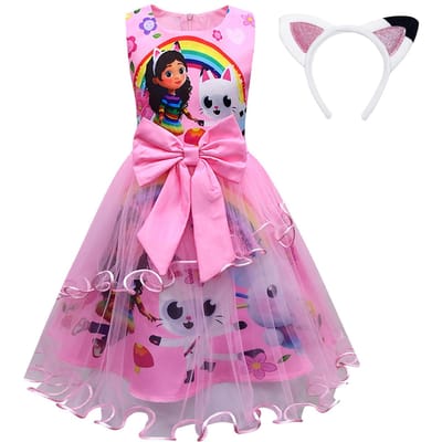 Costume Gabbys pour enfants avec Chapeau Sac Bandeau pour Cheveux G-Gabbys-Dollhouse Vêtements Robe Mercat Animaux Chat Souriant Voiture Chat Fille Gaby Robe 130(7-8Years) pink