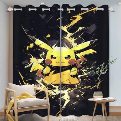 Miniso Cartoon Pikachu Gordijnen Woonkamer Geanimeerd Isable Slaapkamer Premium Gordijn Lichtblokkerend Polyester Ideaal Voor Zitten W100*H160(CM)-Hooks&2PCS