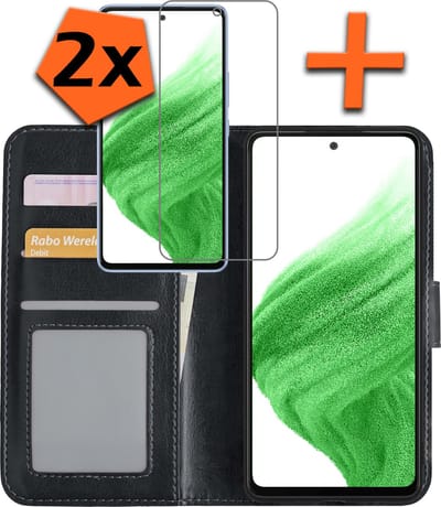 Hoes - Met 2x Screenprotector - Geschikt voor Samsung Galaxy A53 - Luxe Pasjeshouder - Bookcase Portemonee - Flip Case - Kunstleer Book Case - Flipcase Hoes - Book Cover - Walletcase - PortemonneeHoes - Zwart