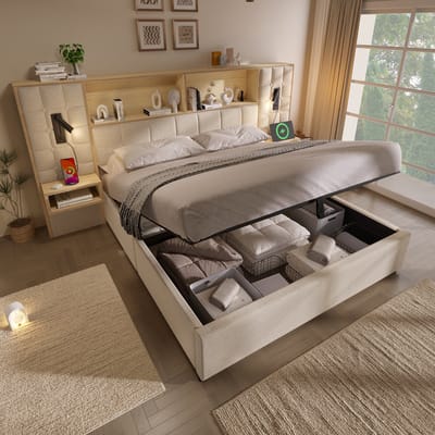 PHOEBE CAT Tweepersoonsbed - 160 x 200 cm - LED-verlichting - 2 nachtkastjes - USB/Type-C - Opbergruimte - Beige
