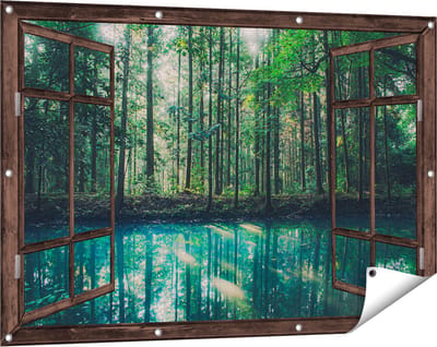 Gards Tuinposter Doorkijk Bos bij een Groen Meer - 120x80 cm - Tuindoek - Tuindecoratie - Wanddecoratie buiten - Tuinschilderij