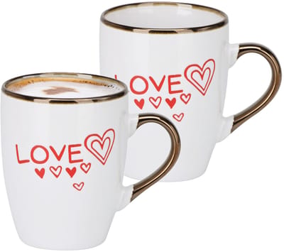 Siaki Koffiemok / theemok Love - 2x - wit/goud - 300 ml - mokken - aardewerk - valentijnsdag - tas - cadeaumok
