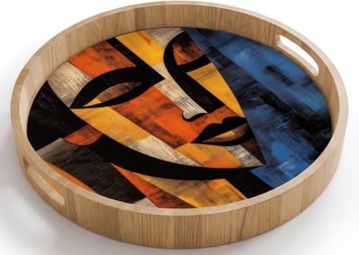 Dienblad rond 40x40 cm - Schootdienblad hout - Abstract - Portret - Kleurvakken - Borrelplank rechthoek - Plateau houten dienbladen