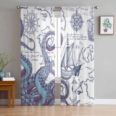 Piratenschip Navigatiekaart Octopus Tentakels Slaapkamer Gordijnen Tule Transparant Gordijn Woonkamer Huisdecoratie Voile Draperieën 135W x 114H(cm) white