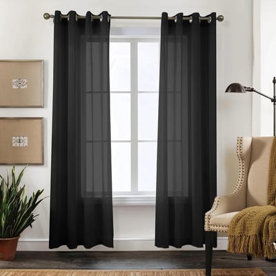 Transparante gordijnen met ingestanste ringen, voor woonkamer en slaapkamer, 210 x 140 cm, set van 2, zwart, effen, onderhoudsvriendelijk, linnenlook, zwart