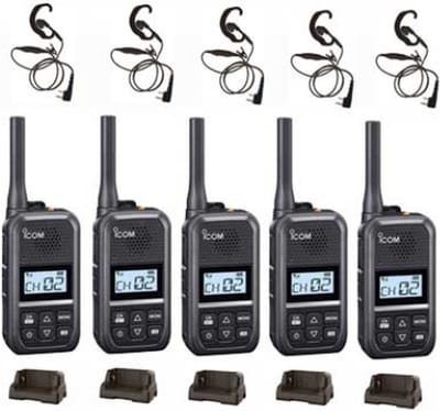 Set van 5 Icom IC-U20SR IP54 mini Portofoon met tafel lader en C-ring oortje