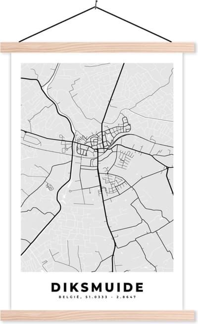 Posterhanger incl. Poster 40x60 cm - Schoolplaat - België – Diksmuide – Stadskaart – Kaart – Zwart Wit – Plattegrond - Textielposter - Blanke latten - Stadskaart