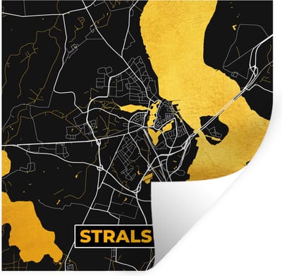 Muurstickers - Sticker Folie - Duitsland – Black and Gold – Stralsund – Stadskaart – Kaart – Plattegrond - 100x100 cm - Plakfolie - Muurstickers Kinderkamer - Zelfklevend Behang XXL - Zelfklevend behangpapier - Stickerfolie