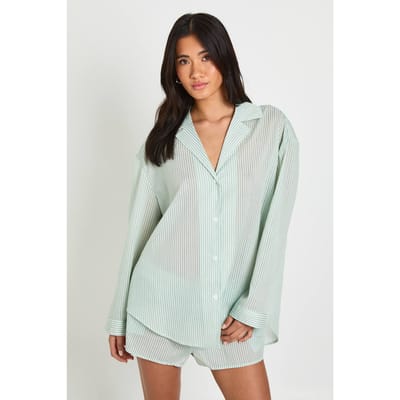 boohoo Dames Katoenen Gestreepte Oversized Pyjama Set Met Shirt Met Lange Mouwen & Short | Green | Maat: 6