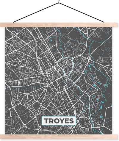 Posterhanger incl. Poster 40x40 cm - Schoolplaat - Troyes - Frankrijk - Plattegrond - Kaart - Stadskaart - Textielposter - Blanke latten - Stadskaart