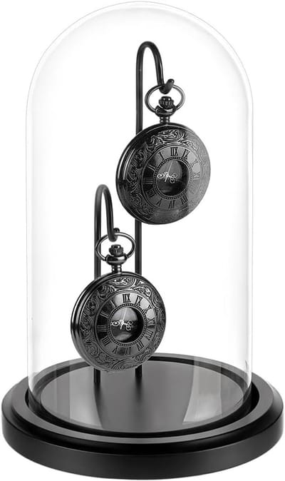 Glazen klok met presentatiekoepel en houten basis voor het tonen van zakhorloges, sieraden en medailles, 12,7 x 19,8 cm