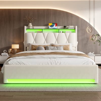 VVBV Gestoffeerd Bed met Opbergruimte 140x200 cm met LED-Verlichting, USB-C - Opberghoofdbord - Beige - Zonder Matras