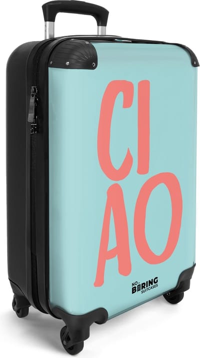 NoBoringSuitcases.com® - Handbagage cabine koffer lichtgewicht - Reiskoffer trolley - Blauwe rolkoffer op wieltjes met roze quote 'ciao' - Travel luggage suitcase - Reizen - Past binnen 55x40x20 en 55x35x25