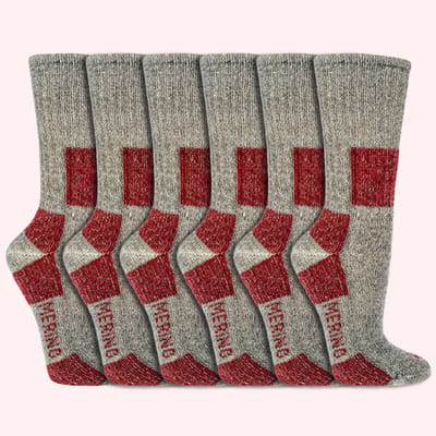 Wandelsokken | 85% Merinowol | Gevoerd | Diverse maten | Kleur: Grijs Rood | 6 paar