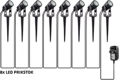 Lichtendirect-Tuinverlichting-Prikstok- 18 Meter- 8x LED Spots- Warm wit- Tuinspot -Waterdicht – Kantelbaar- Lantaarn- Buitenlamp- Padverlichting- Tuinlantaarn-Led buitenverlichting