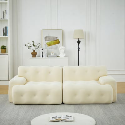 Wishdor 2-Zitsbank - Brede Armleuningen En Knopen - Modern Gebogen Ontwerp - Voor Woonkamer - Stoffen Bekleding - Beige - 224 X 104 X 66 Cm