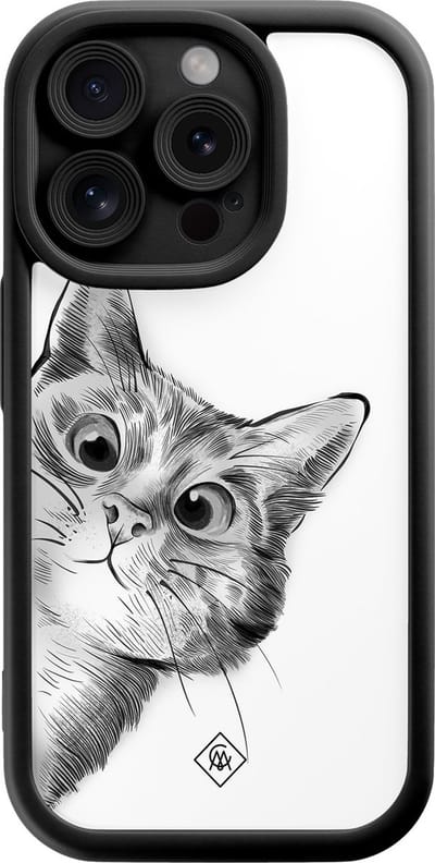 Casimoda® hoesje - Geschikt voor iPhone 15 Pro - Kat Kiekeboe - Effen telefoonhoesje met lensbescherming - Siliconen/TPU - Backcover - Zwart