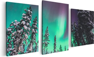 Artaza Canvas Schilderij Drieluik Noorderlicht in de Bossen van Noorwegen - 120x60 - Foto Op Canvas - Canvas Print