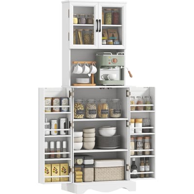 HOMCOM Buffetkast, keukenkast, vitrine voor serviesgoed, 4 deuren, 8 kruidenrekken, werkblad, verstelbare plank