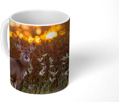 Mok - Koffiemok - Hert - Planten - Zonsondergang - Wilde dieren - Natuur - Mokken - 350 ML - Beker - Koffiemokken - Theemok