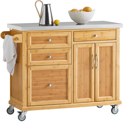Keukeneiland - Verplaatsbaar - Keukenkast - Dressoir - Organizer - Kasten - Houten Werkblad - 2 Deuren - Naturel