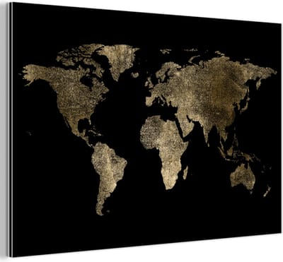 Aluminium schilderij 180x120 cm - Wanddecoratie metaal - Wereldkaart - Goud - Zwart - Aarde - Luxe - Metalen muurdecoratie woonkamer - Decoratie industrieel - Foto op dibond - Industriële accessoires slaapkamer