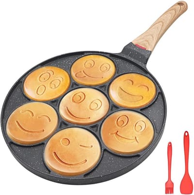 Pannenkoekenpan Kinderen - Mini pannenkoekvorm - Ontbijt maken - 7 Smiley gezichten - 10 Inch - Zwart