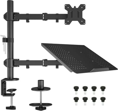 Famanu – Monitorarm met laptopsteun voor 13–27 inch schermen, verstelbaar ontwerp met kabelbeheer, zwart