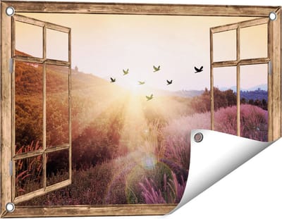 Gards Tuinposter Doorkijk Silhouet Zwerm Vogels bij Zonsondergang - 60x40 cm - Tuindoek - Tuindecoratie - Wanddecoratie buiten - Tuinschilderij