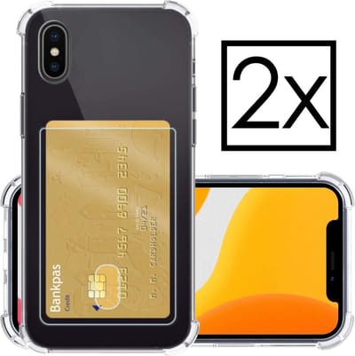 Hoesje - 2 Stuks - Geschikt voor Apple iPhone X - Met Pashouder en Kaarthouder - Telefoon Hoes Shockproof - Siliconen Case - Back Cover - Shock Proof - Pasjes Houder - Transparant