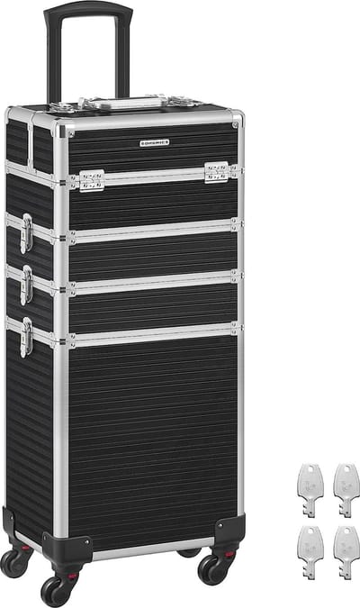Zwarte 4-İn-1 Make-Upkoffer Met Extra Grote Kapperskoffer, Afsluitbaar, 360 Graden Draaibare Wielen, 34 X 24 X 79,3 Cm, Ideaal Voor Reizen, Perfect Als Cadeau-İdee