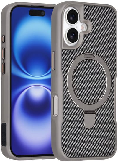 TUNIQ Back cover voor iPhone 16 - MagSafe - Met Ringstand - Carbon Fiber - Zilver