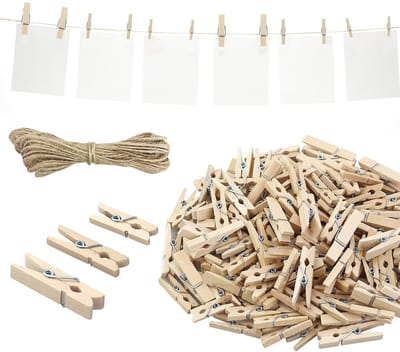 Dailygoods- Wasknijpers Mini Houten Set - 165 Stuks - Decoratieve Klemmen - 10 m Jute Touw - Natuurlijk Hout - Stevige Veer
