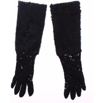Dolce & Gabbana Zwart Kant Wol Lamleer Bont Elleboog Vrouwenhandschoenen