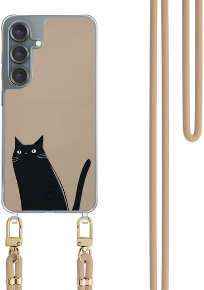 Hoesje met koord geschikt voor Samsung Galaxy S25 - Purrflectly - Inclusief Beige koord - Crossbody beschermhoes - Transparant, Zwart, Beige - Mooie Telefoonhoesjes