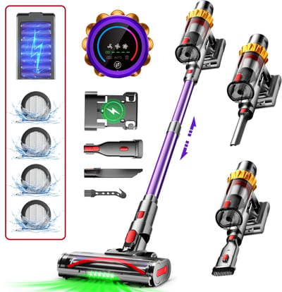 Hiaonyx steelstofzuiger - 9-in-1 steelstofzuiger draadloos - 75000pa - Met dierenborstel - LED Groene Stofdetectielamp - Geschikt voor Tapijten - Harde Vloeren en Dierenharen - 2-liter stofopvangbox - Goudkleurig